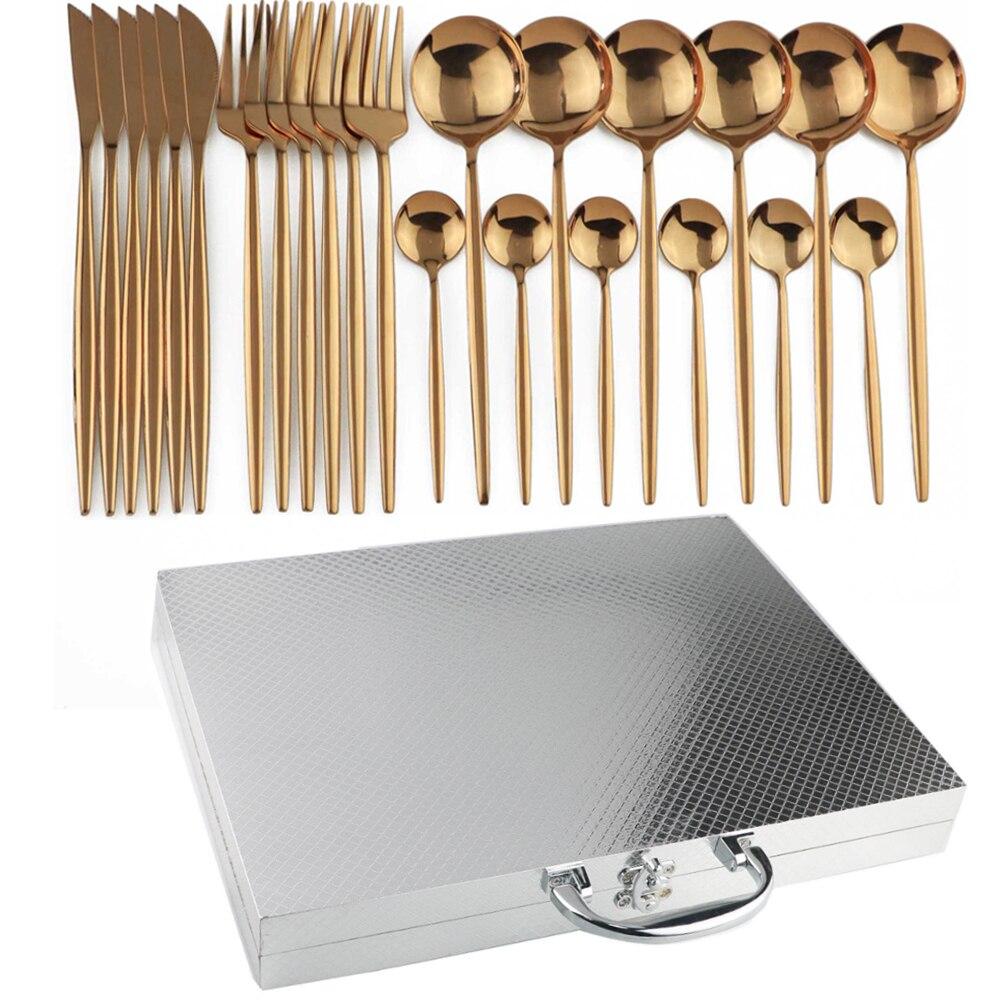 Sada 24 kusů černého nádobí Sada luxusních příborů Sada nádobí z nerezové oceli 304 Vidlička Lžíce Nůž Nádobí Stříbrné nádobí s dárkovou krabičkou