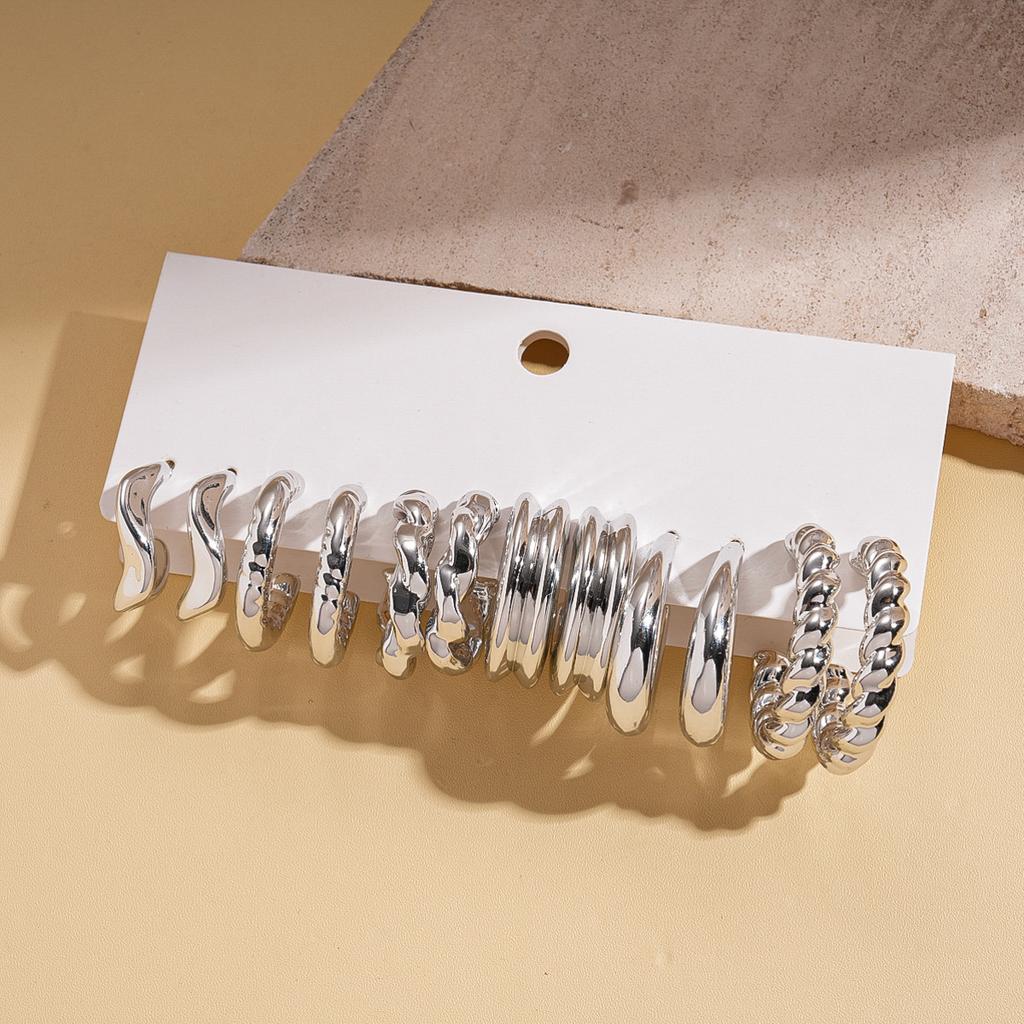 Twelve-piece geometric round pleated silver needle stud earrings cold wind sexy earrings