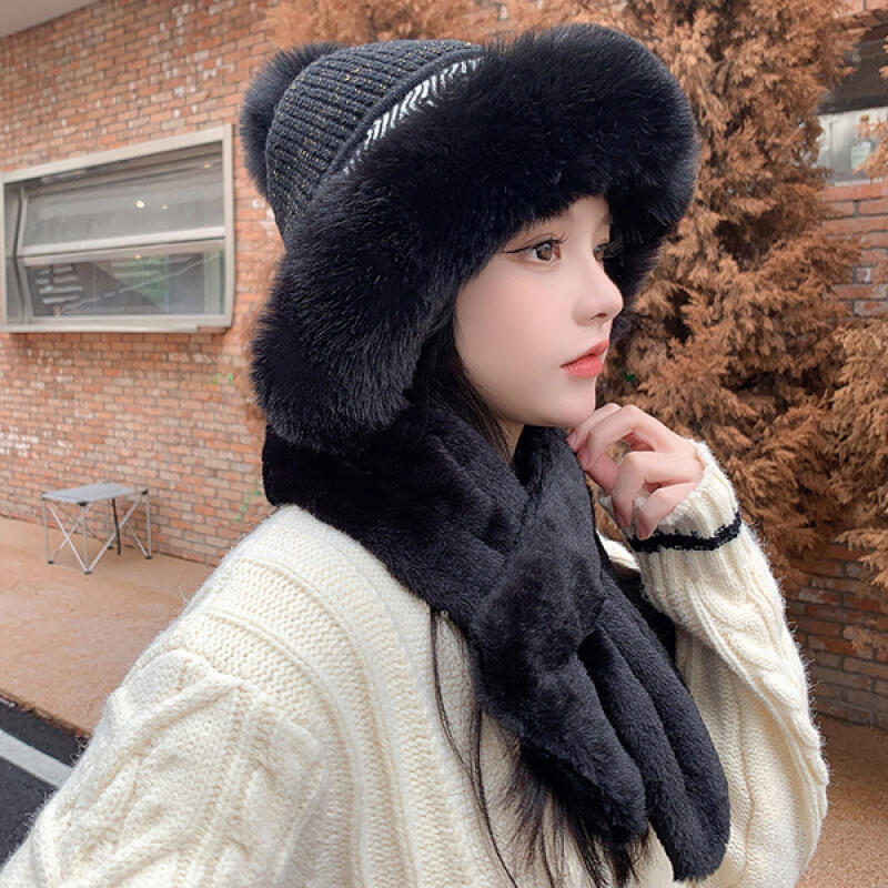 Killmonger Warm and Soft Winter Fur Hat Hooded Muffler black