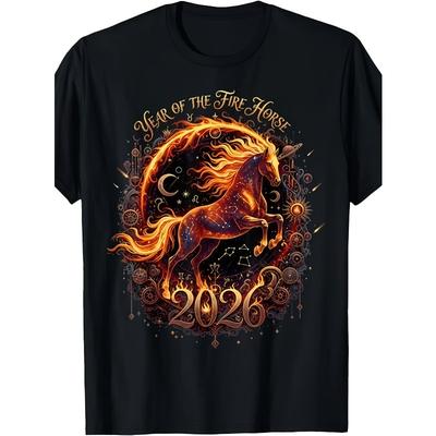Taglia Europea Anno del Cavallo di Fuoco 2026 Capodanno Lunare Cinese Segno Zodiacale Maglietta, T-shirt da Donna Stesso Stile per Donna Estate Manica Corta Maglietta Stampata