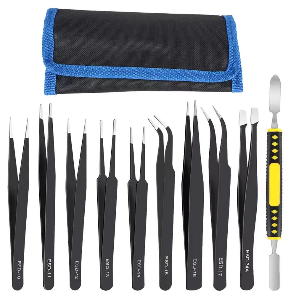 10Pcs/ set anti-static tweezers Tip elbow Precision stainless steel ESD tweezers set industrial repair tools Bent