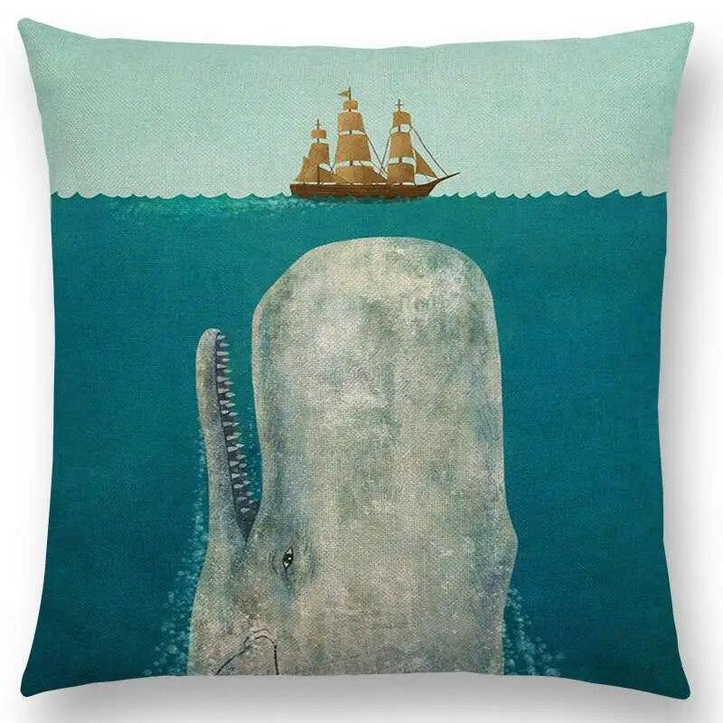 Sofa Throw Pillow Cover Home Decor Cute Little Ghost Sailing Whale Ocean Diver Print Cushion