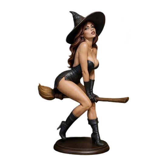 Sexy Witch Bookshelf Figurine Hand-Painted Resin Gothic Dark Fairy Witch Riding on Magic Broom Seductive Sorcery Witch Statue for Home Decor