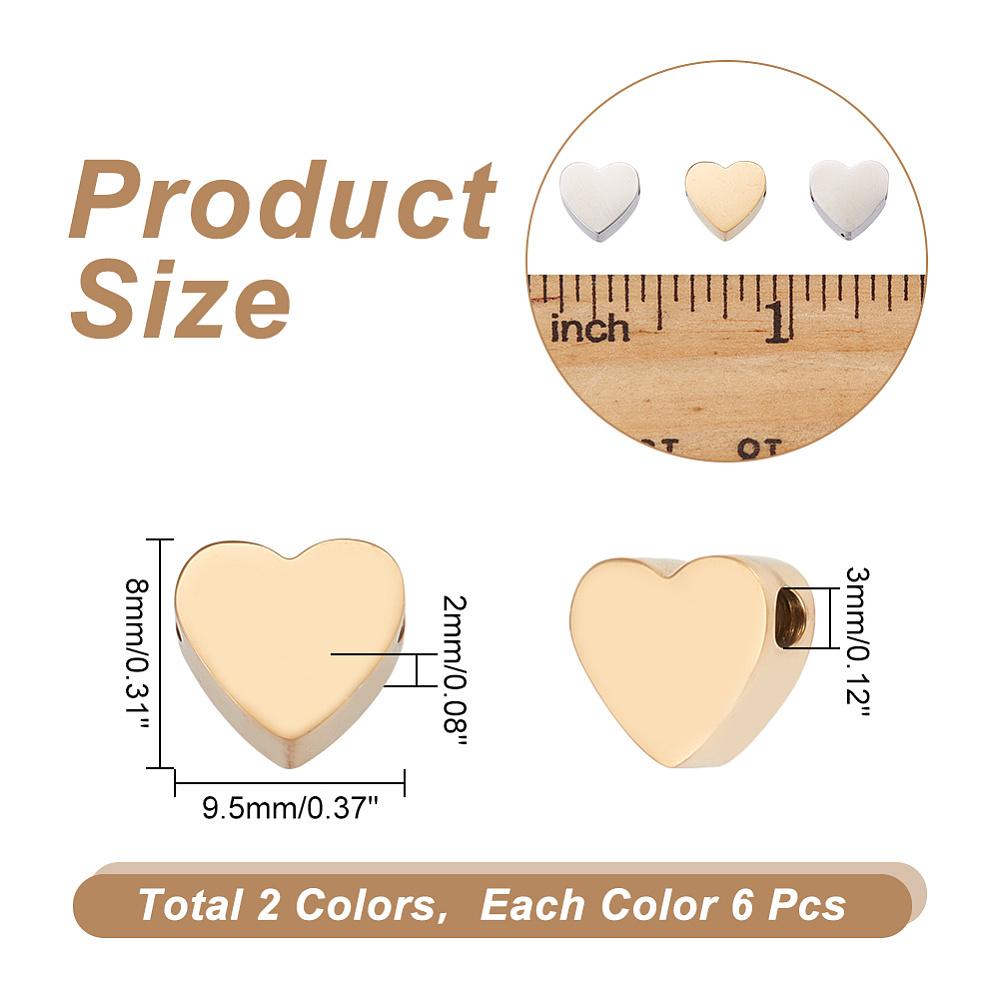304 Stainless Steel Beads, Heart, Mixed Color, 8x9.5x3mm, Hole: 2mm, 2 colors, 6pcs/color, 12pcs/box