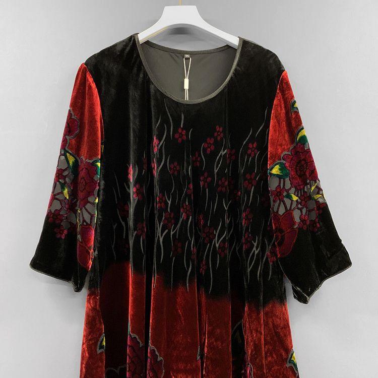 100% Silk Dress for Women Loose Jacquard A-Line Flocked Dress Vintage Soft Skin-Friendly Printed Velvet Dress Spring and Summer