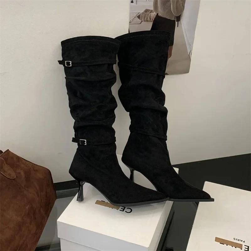Fashion 2025 New Khaki Color Pointed Toe High Heel Boots Women's Autumn Winter New Style Matching Coat High Tube Boots Knight Long Boots