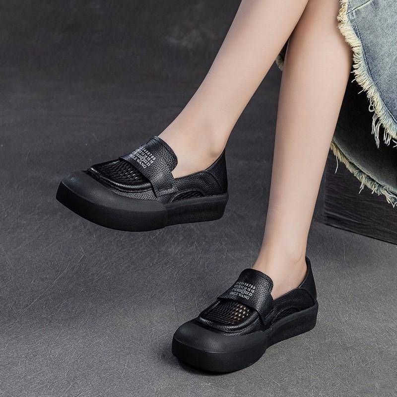 Johnature Versatile Breathable Mesh Flat Shoes Retro Genuine Leather Comfortable Sandals Women's Slip-on Shoes