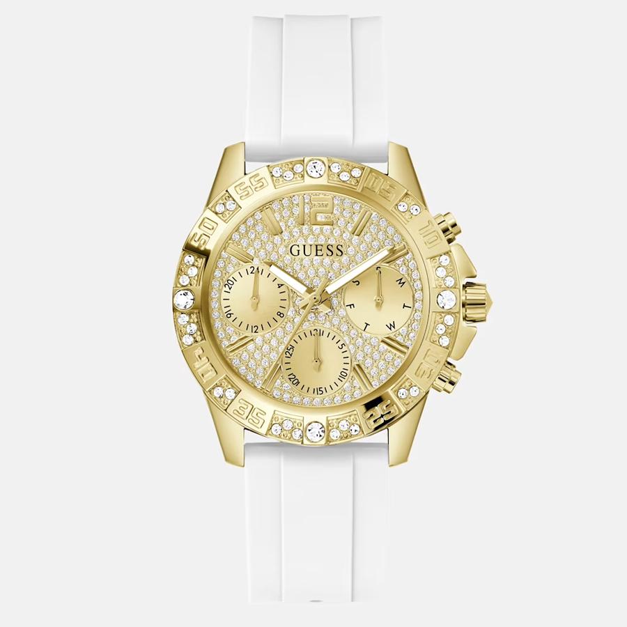 

Guess Gold-Tone Crystal Watches for Women - Multi-Function Quartz Watches Female with Silicone Watch Band, 50m Waterproof for Daily Wear GW0772L3