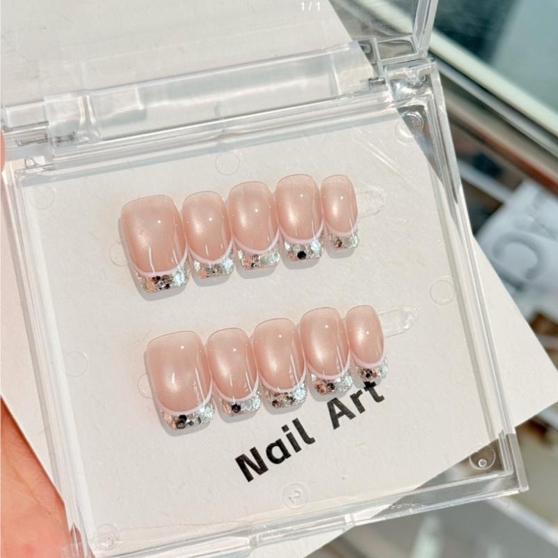 10Pcs Nude Pink French Press On Nails - Silver Glitter Tip Fake Nails XS