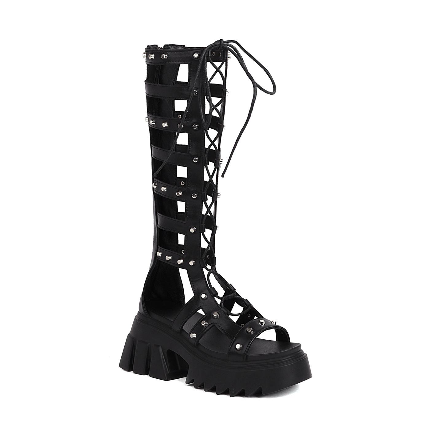 

Patent Leather Hollow Cross Straps Roman Style Women s Sandals Metal Rivets Waterproof Platform To Increase The Height Sandals 36