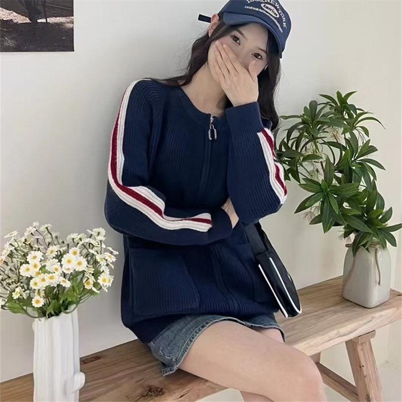 Retro color matching crew neck zipper sweater jacket women's autumn and winter new loose lazy wind knitted cardigan top