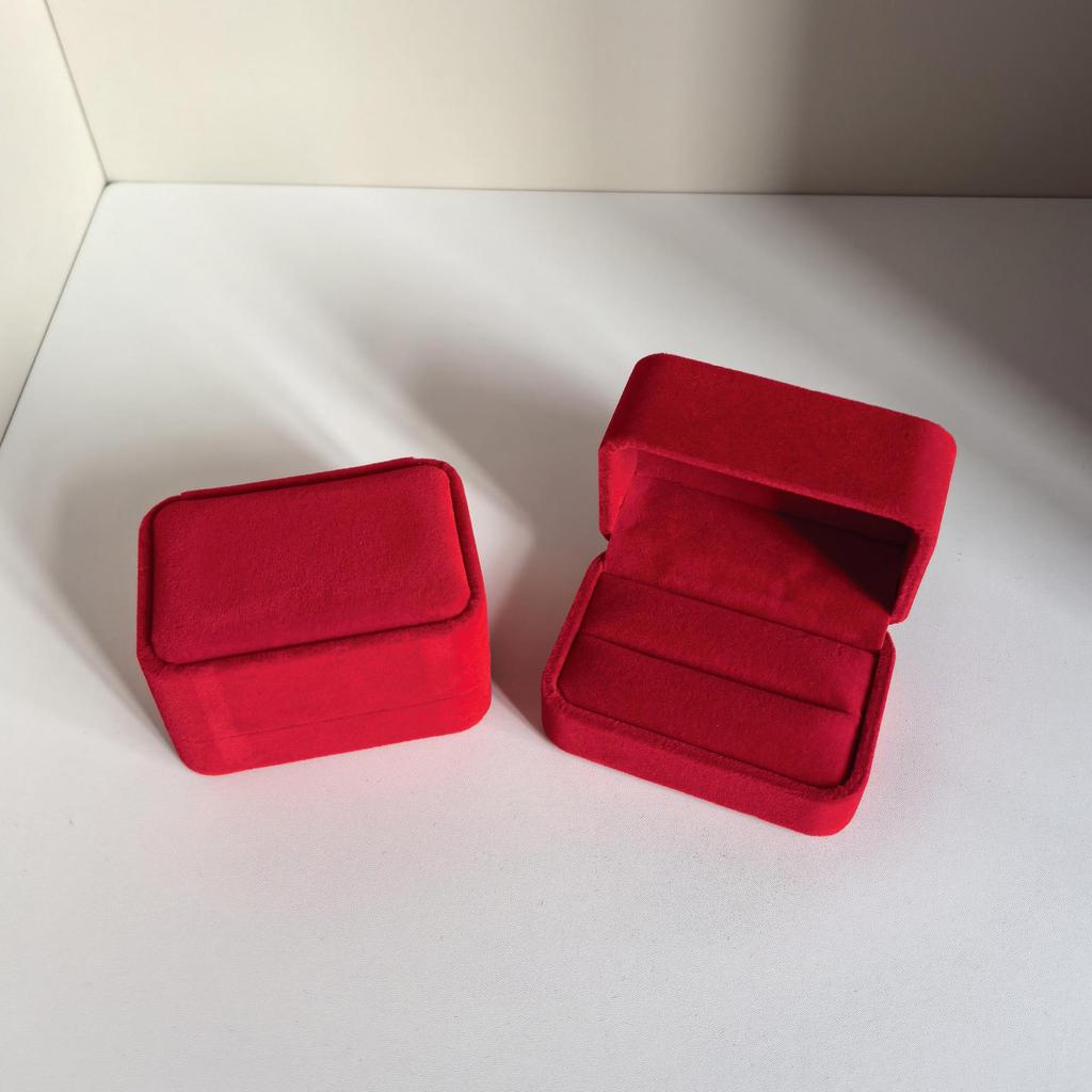 Double Ring & Earring Flocked Cloth Jewelry Gift Box - Flip Top Wedding Band & Stud Packaging.