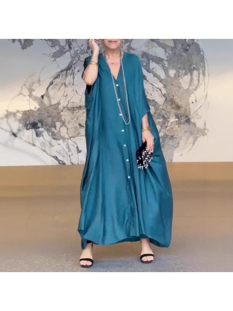 Women's V-neck Batwing-sleeve Satin Loose-fitting Casual Straight-cut Plain-coloured Dress