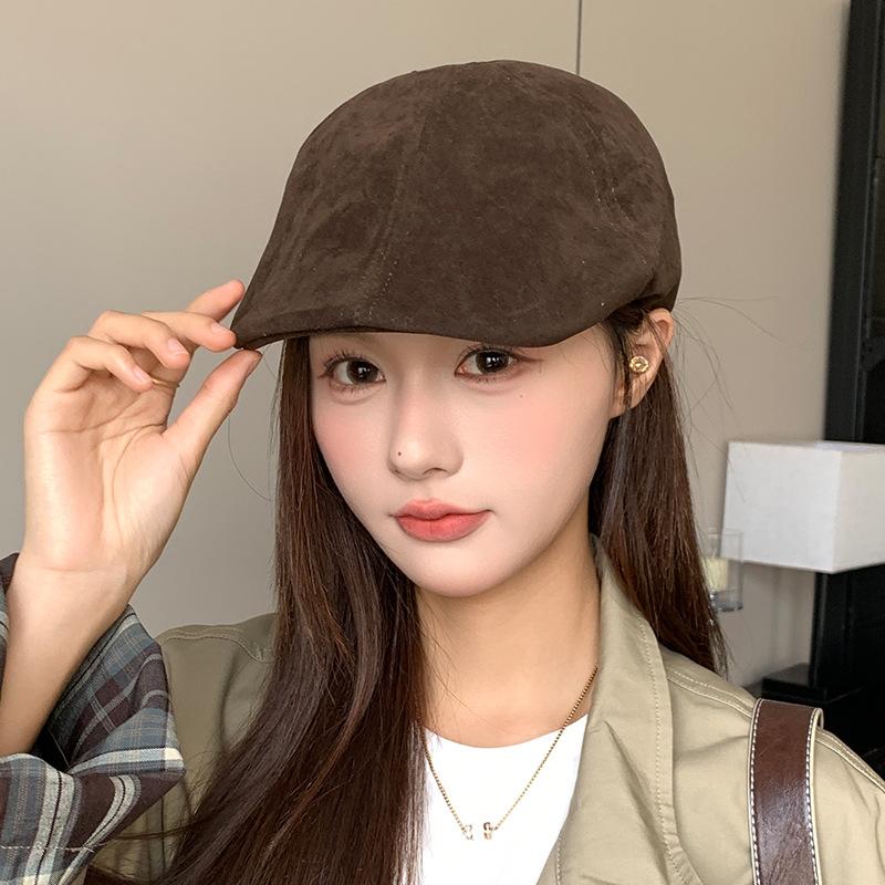 

Suede brown forward cap for women, autumn and winter, British retro artistic beret, Korean style, face-slimming painter s hat 56-60CM