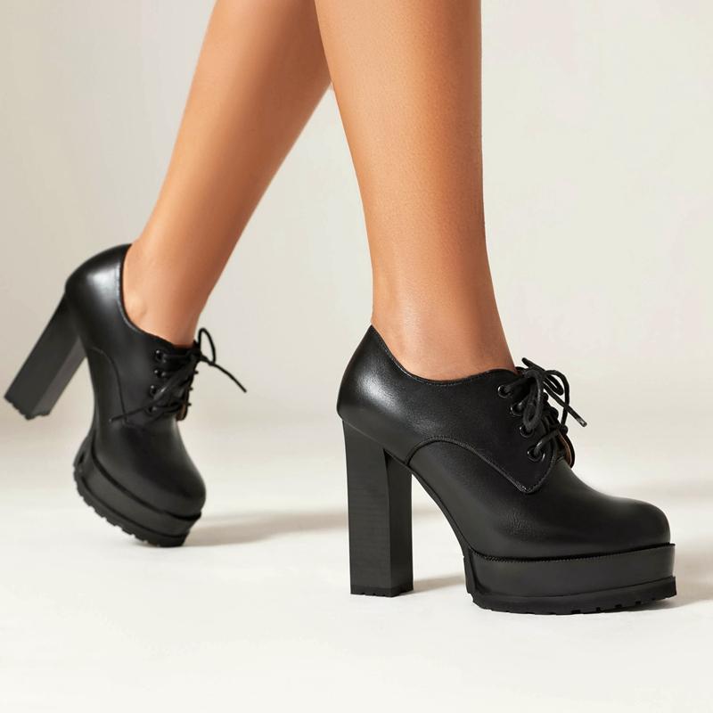 Fashion Women's New Spring and Autumn Round Head Thick Sole Waterproof Platform Lace up High Heel Large Size Deep Mouth Single Shoes