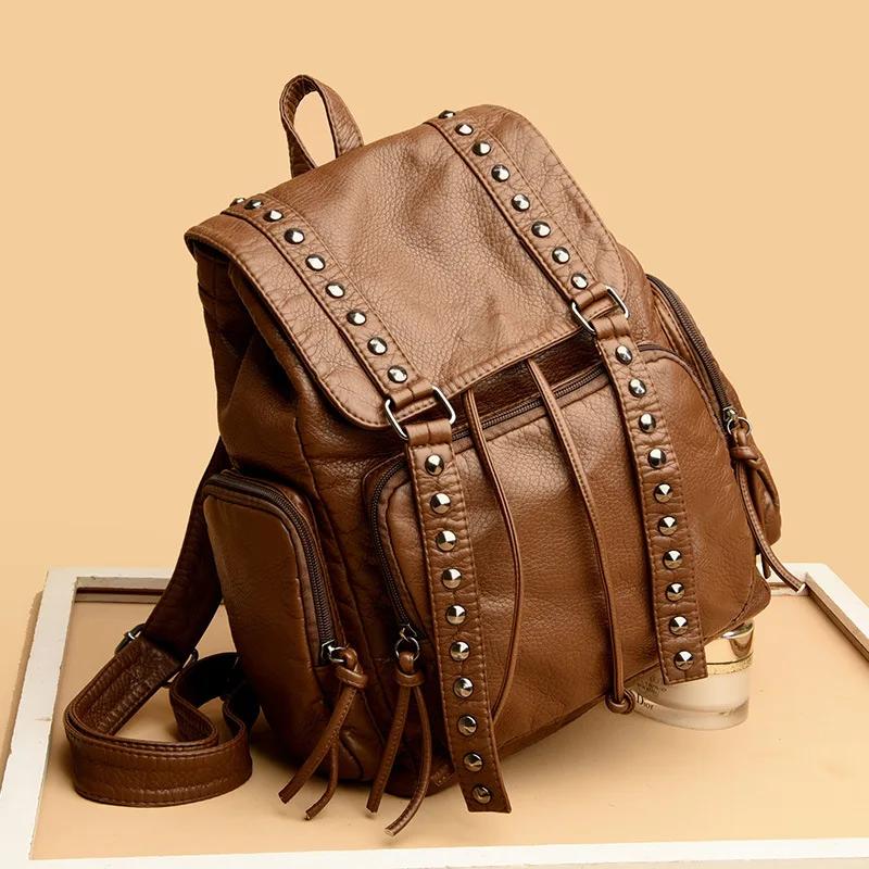 Fashion Rivets Backpacks for Women Shoulder Bags Soft Leather Daypack Luxury Travel Bag Large Capacity Schoolbag Female Bagpack
