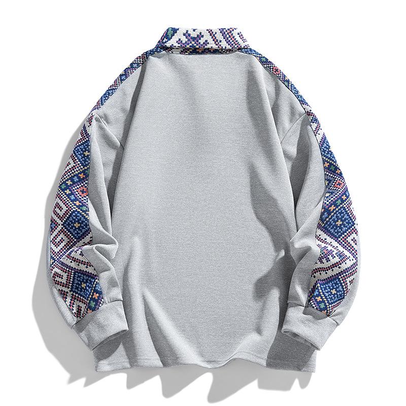 Jacquard Patchwork Polo Collar Hoodie for Couples, Versatile Pullover Top Long-sleeved Sweatshirt