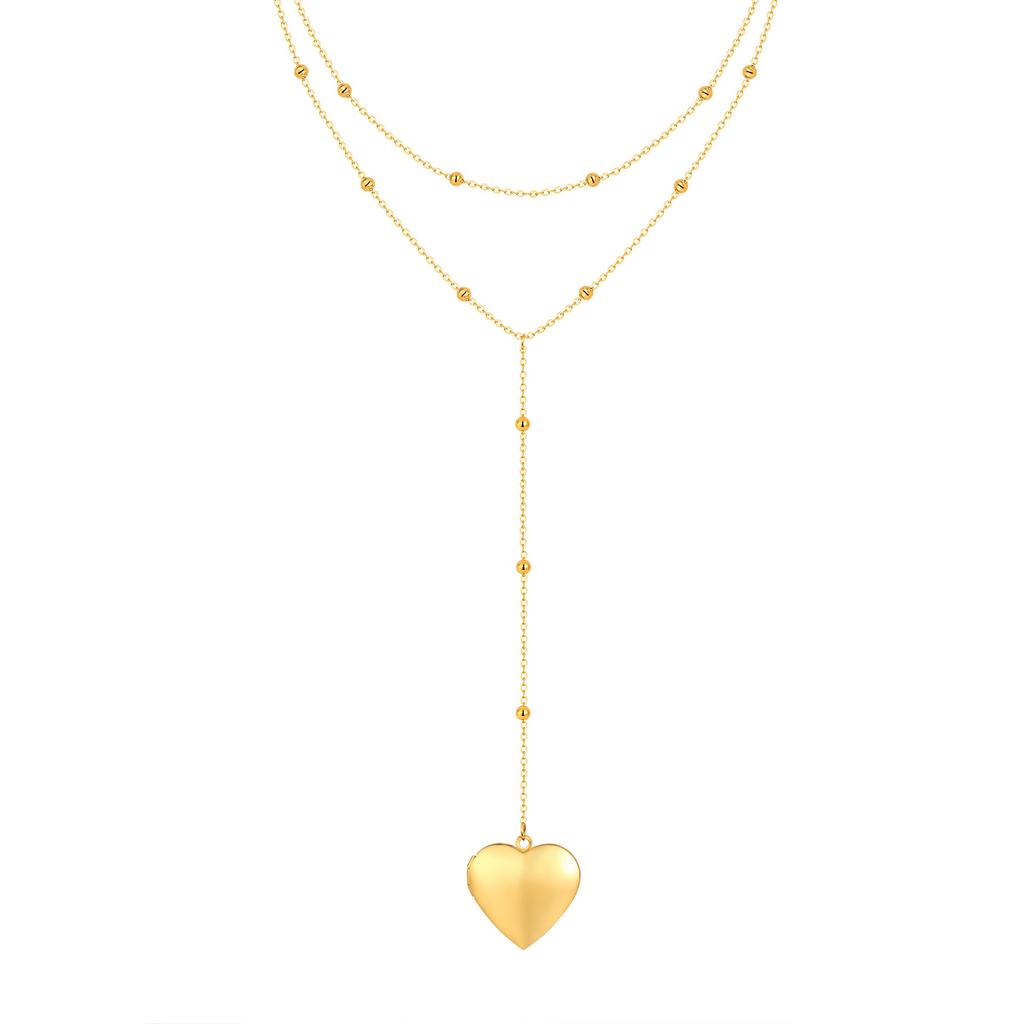 Women's Heart Locket Lariet Necklace, Adjustable Y-Shape Openable Pendant, Stainless Steel Gold Long Chain Fashion Jewelry