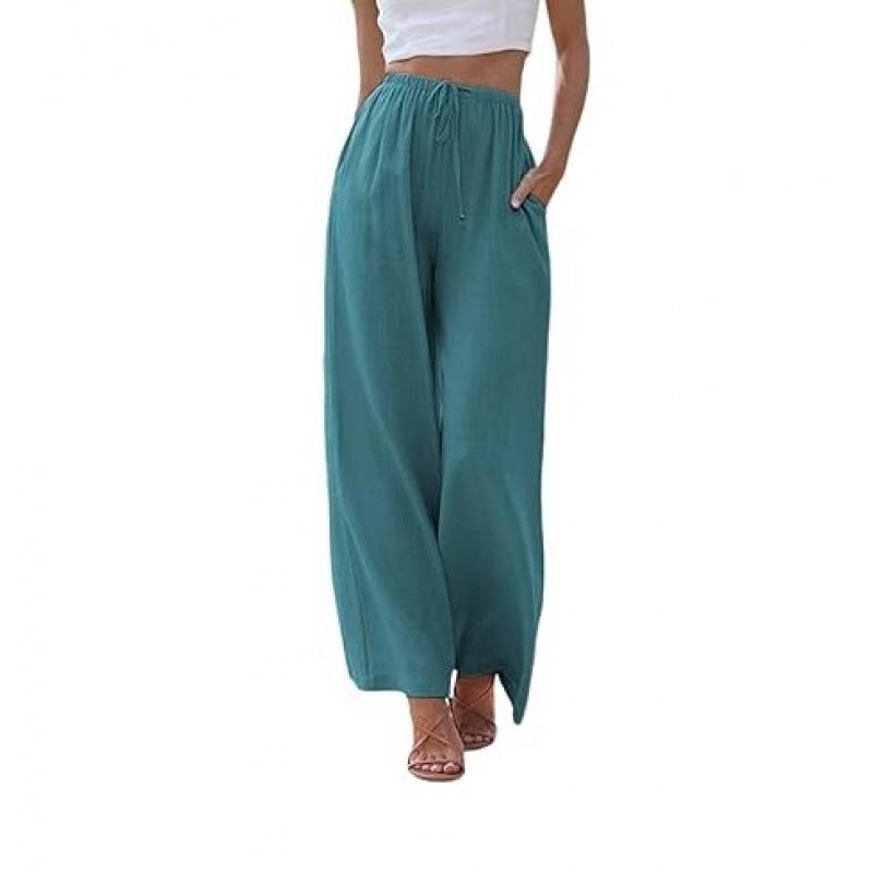 Women Pants Casual White High Elastic Drawstring Baggy Pants Streetwear Solid Color Cotton and Linen Wide Leg Trousers