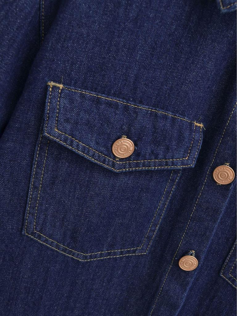 European Retro Dark Blue Denim Shirt for Women - Early Spring 2026 Fashion, Loose Fit with Lapel Collar.