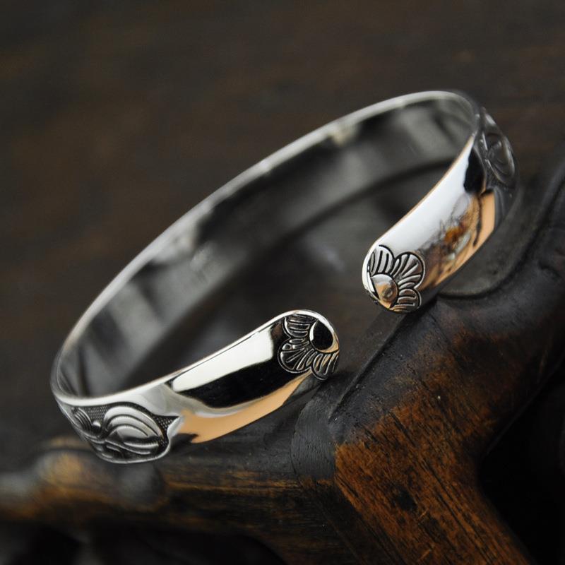 Retro Ethnic Lotus Pattern Blackened Open Bangle Classic Miao Fashion Women Bracelet Literary Accessory