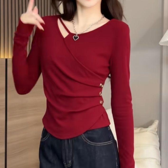 Fashionable V-neck Long-Sleeve Top for Women - Slimming & Flattering, Large Size, Autumn/Winter
