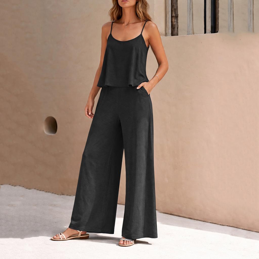 Damenmode Lässig -Farbe Elegant Zweiteiliges Set: Rundhals-Weste und Weitbeinige Hosen