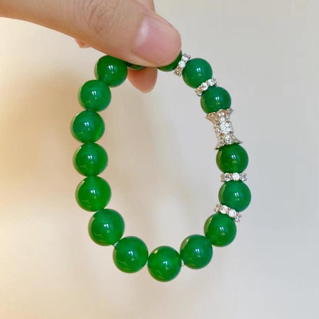 Elegant Green Chalcedony Agate Beaded Bracelet - 6mm & 10mm Beads, New Chinese National Style