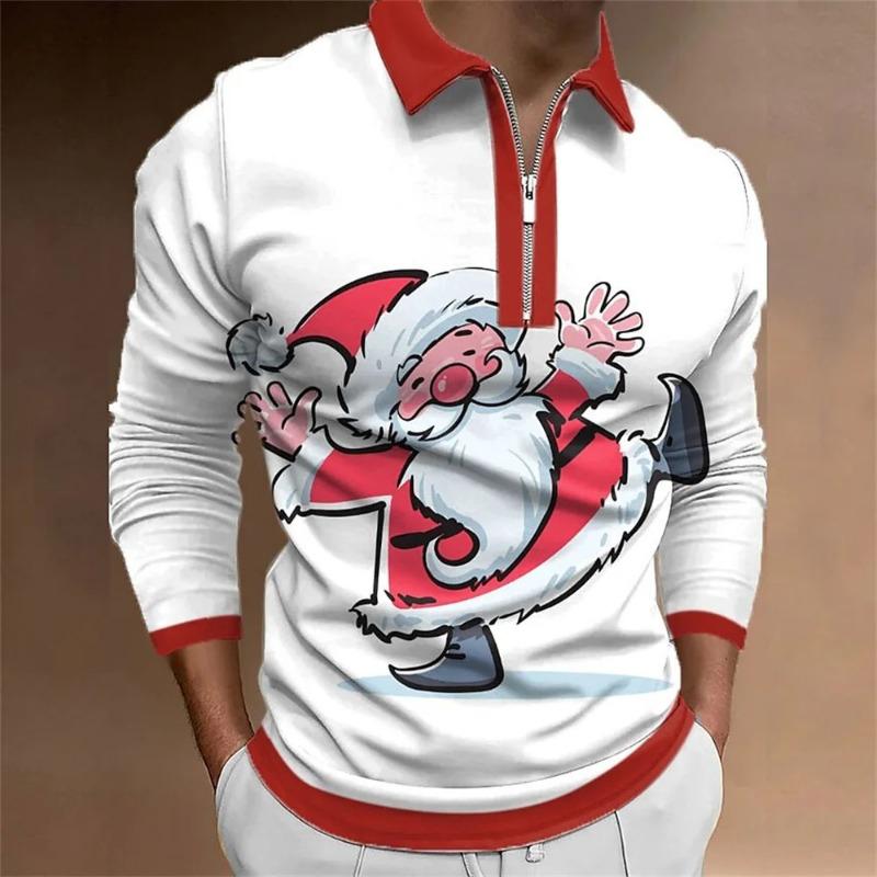 Men Fashion Spring Autumn Polyester Zippo Polo Shirt  Christmas 3D Digital Print Casual Polo Shirt Tops