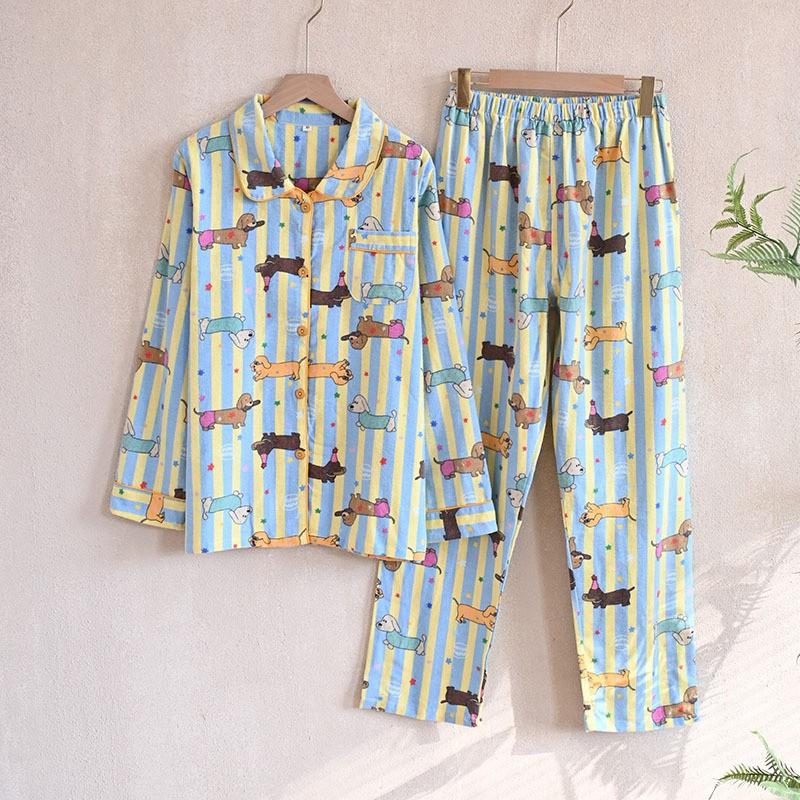 Womens Cotton Pajama Set Long Sleeve Button-Up Top With Pants Cartoon Print Comfortable Home Wear Fall Winter