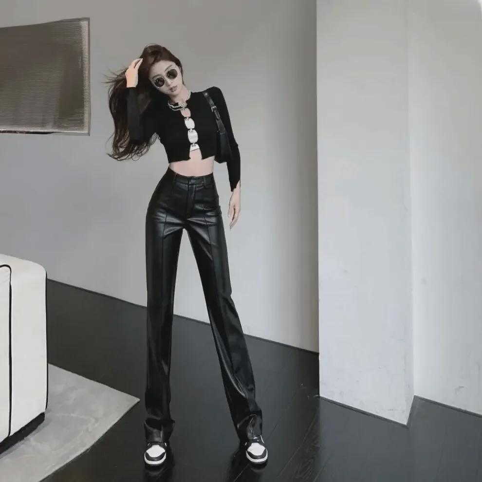 2023 Women's High-Waisted Black Leather Pants - Slim, Straight, Wide-Leg with High-Grade Drape.