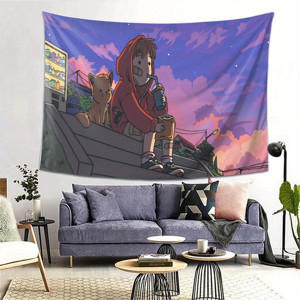 Cold Night Tapestry Boys and Cats on the StairsColorful Sky and Gentle BreezeComfortable Relaxing and Warm Home Decoration
