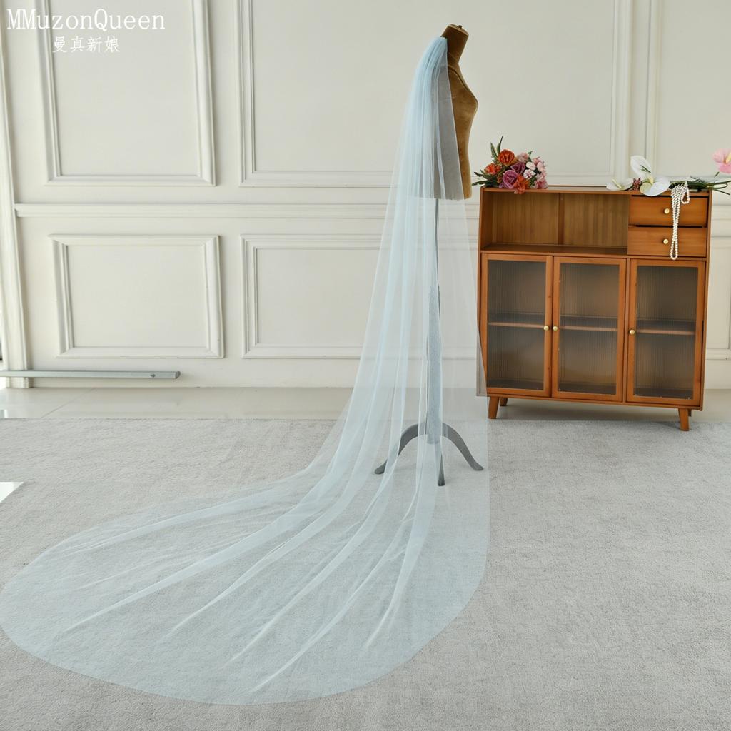 Plain Solid Color Tulle Bridal Veil Single Layer Soft Flowy Simple Wedding Veil White Lavender Light Blue Floor Length Veil For Bride Elopement Shoot