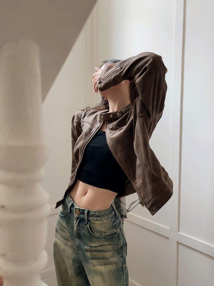 American Retro Distressed Coffee Brown PU Leather Short Jacket - Spring 2025 Hot Girl Stand Collar Versatile Design.