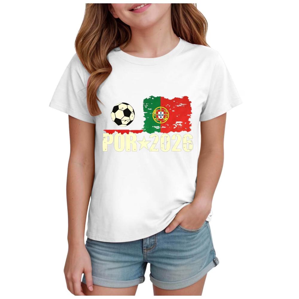 Kinder Mädchen 2026 Portugal Fußball T-Shirt Vintage Portugal Flagge Fußball Aufdruck Kurzarm Jungen und Mädchen Sommer Freizeit Oberteile