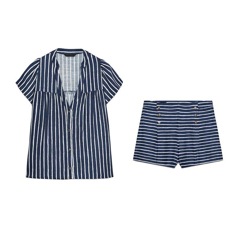 Linen Blend Stripes V Neck Short Sleeve Shirt 8084669 Simple and Comfortable Stripes Casual Pants 8100669