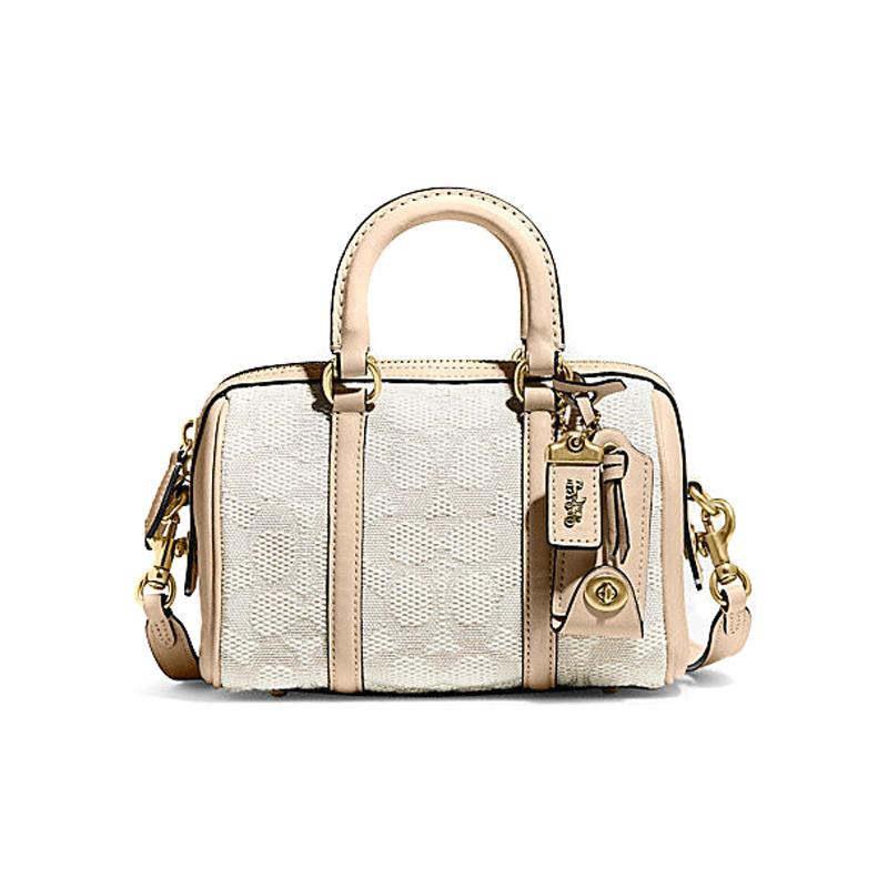 

COACH Ruby 18 zipper closure classic logo jacquard fabric with cow leather Boston bag hand-held shoulder crossbody bag small women s pink рожевий
