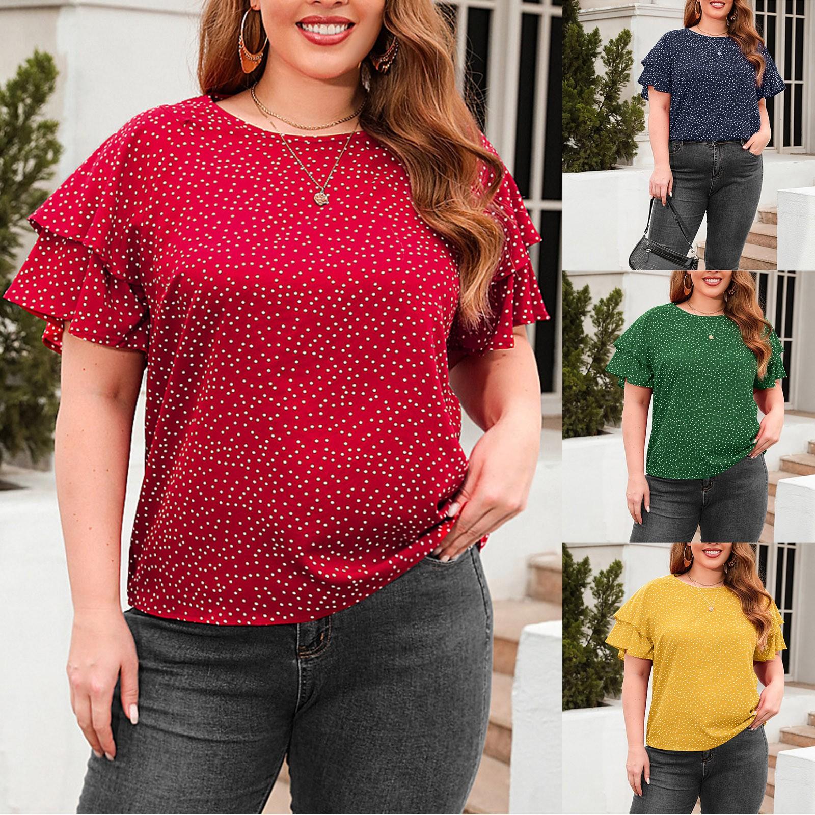 

(Куниде) Женский горошек Свободный Повседневная футболка Круглая шея Короткий рукав Плюс Размер Топ