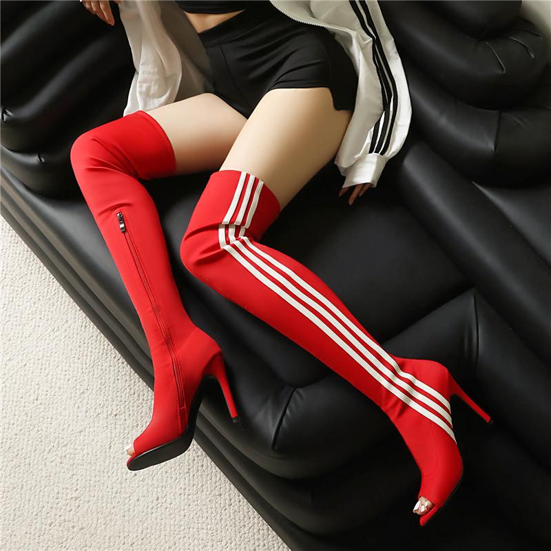 Damen-Stiefel mit hohen Absätzen, sexy europäischer und amerikanischer Stil, hochhackige Überknie-Stiefel mit offenen Zehen in großen Größen.