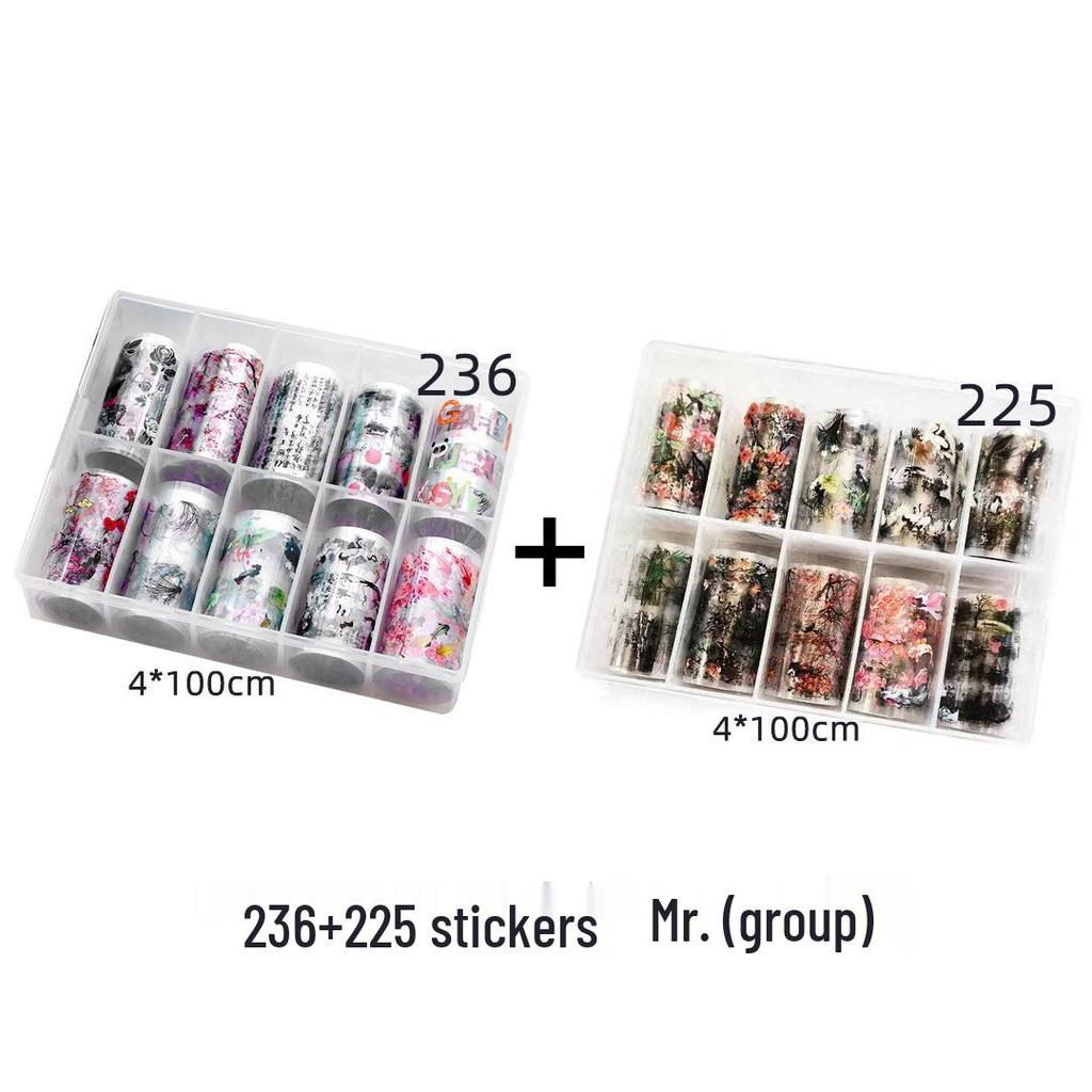 Chińskie Tuszowe Naklejki do Nail Artu: Gwieździste Niebo, Bambus, Kwiat Śliwy - 10 Wzorów