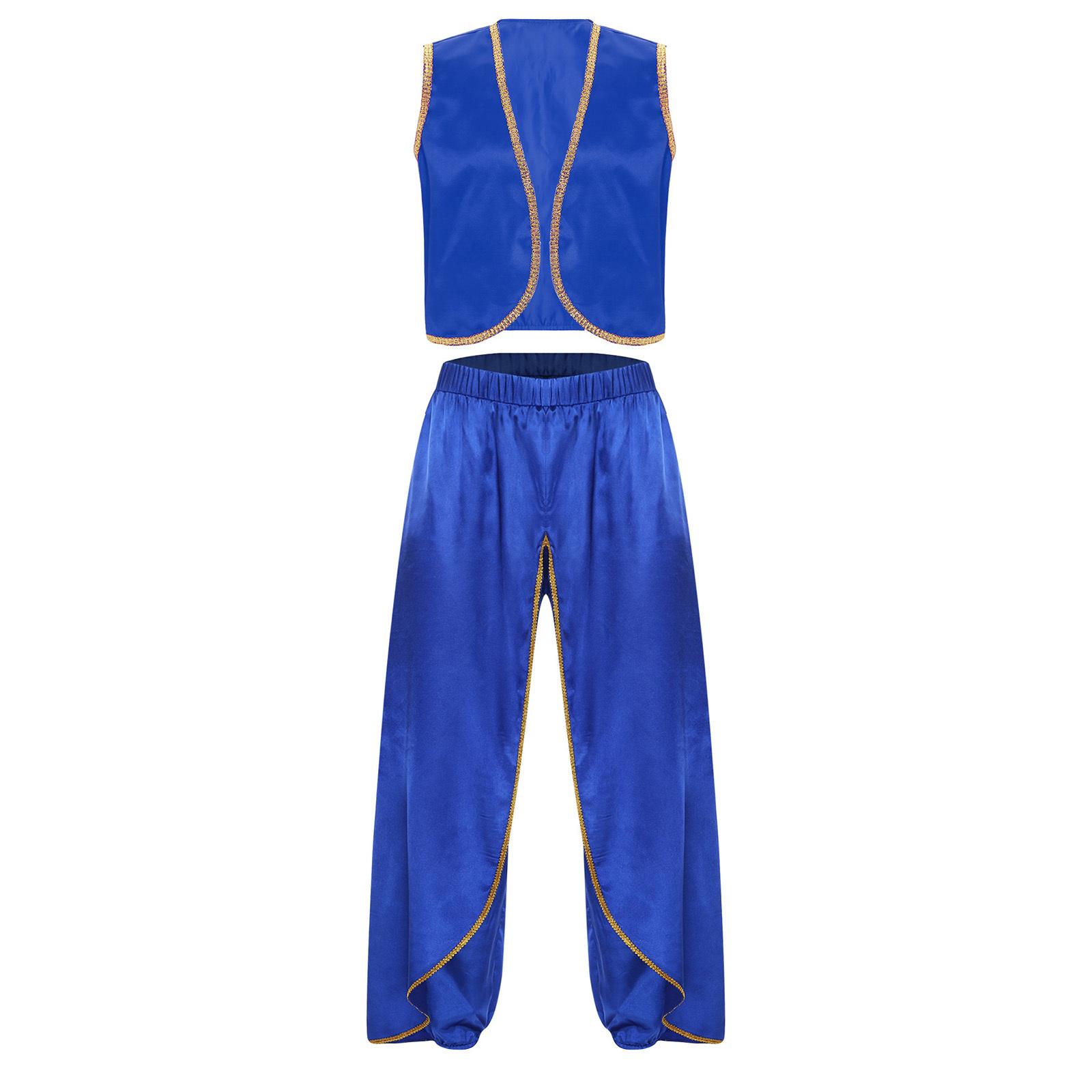 

Mens Arabian Prince Cosplay Costume Satiny Gold Trim Open Front Vest Baggy Pants India Dhoti Palazzo Trousers M