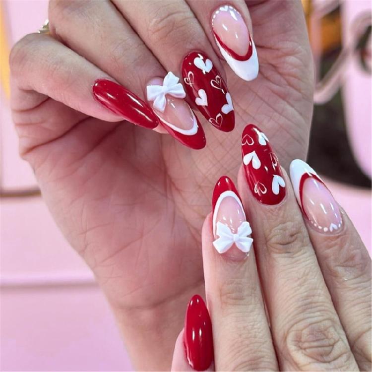

Press on Nail With Heart And 3D Bows Almond False Nail French Tip Artificial Nail For Celebrating Valentine s Day 1