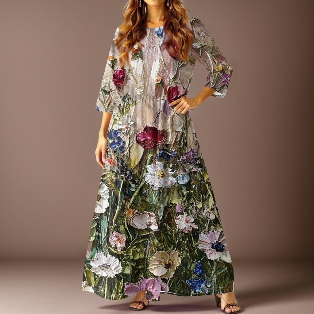 Damen Freizeitmode Blumenmuster Dreiviertelarm Langes Kleid mit Taschen