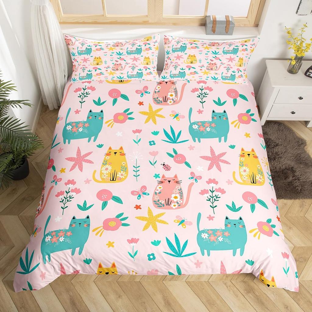 Girls Kawaii Cat Bedding Set Full Queen, Cute Kitten Comforter Cover Cartoon Duvet Cover Colorful Flowers Plant Bedspread Cover