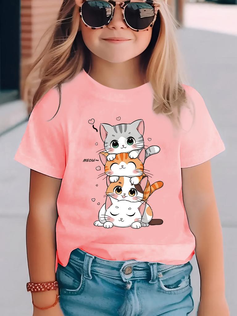 Summer Fashion Girls Short Sleeve T-Shirt Cute Kitten Cartoon Print Casual Top