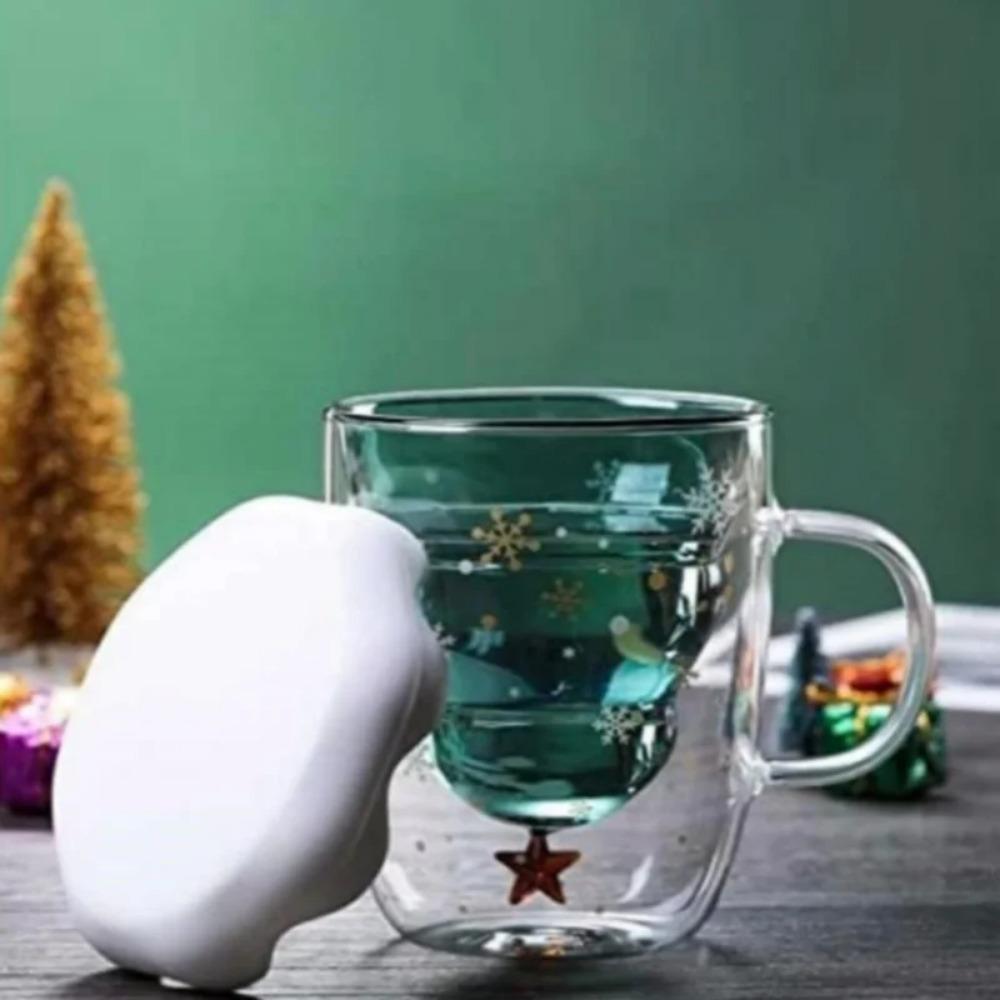 1 Pack 300ml/10 15oz Christmas Cup  Christmas Tree Glass with Snowflake Lid and Handle   Double Wall Insulated Glass Christmas