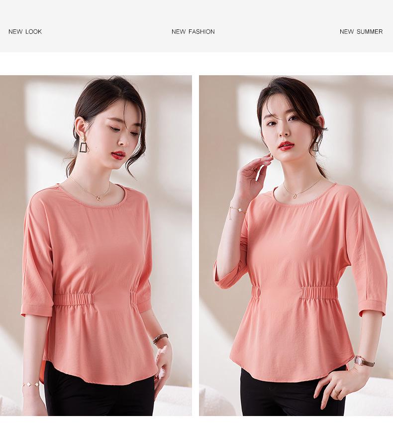 Chic Women's 2025 Slim Fit Pleated T-Shirt: Round Neck, Flattering Waist, Summer Style