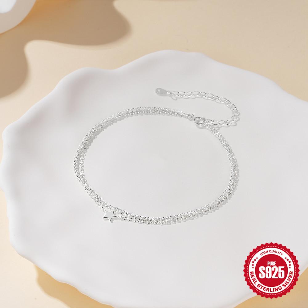 Fashion Summer S925 Sterling Silver Double-Layer Adjustable Pentagram Bright Silver Pendant Anklet