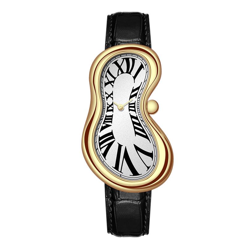 Vintage Roman Numeral Men's Quartz Watch with Irregular Twist Design and Leather Strap