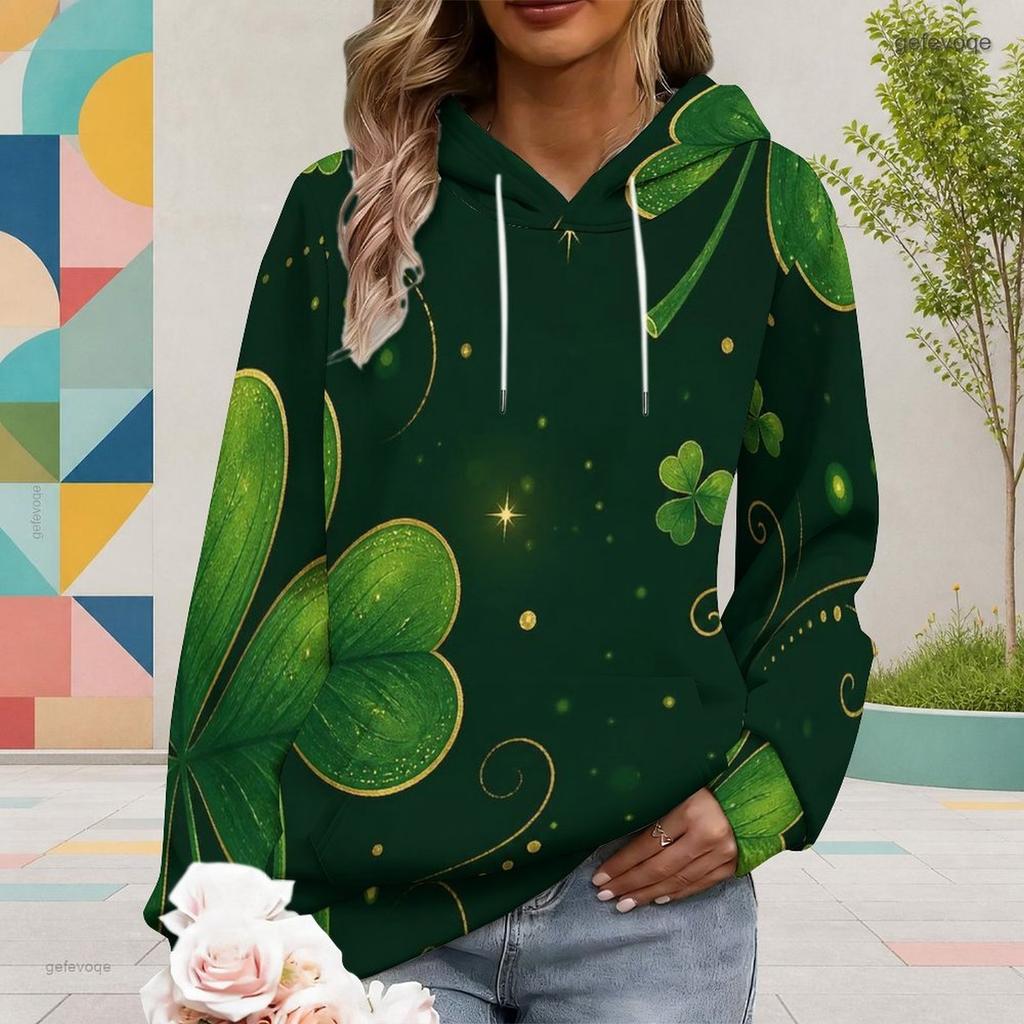 Women Plus Size Long Sleeve Dark Green Clover Printed Drawstring Hoodie Kangaroo Pocket Pullover